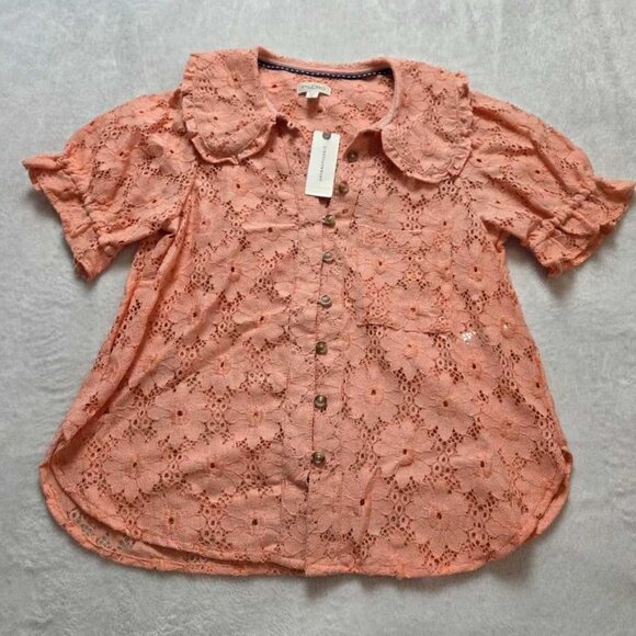 New XXS Anthropologie Pilcro The Keira lace collared button-front blouse Coral - Picture 3 of 10